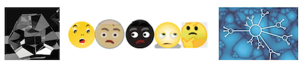 Three images: clear solid of 20 faces; five emoji faces; neural network