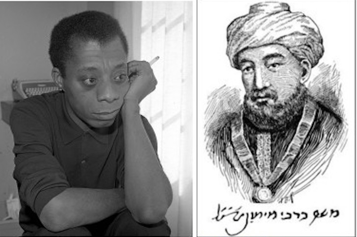 LEFT: James Baldwin seated, with his arms resting on his knees, burning cigarette in his left hand; typewriter visible behind his shoulder; curtained window (maybe hotel room); RIGHT: portrait of Maimonides wearing, with mustache and beard, in turban and robe, with medallion on ribbon around his neck.