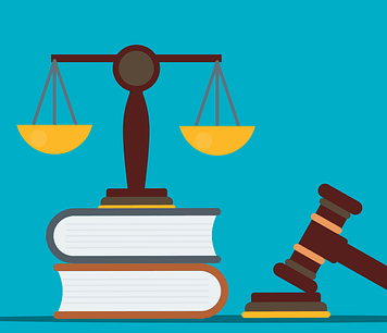 Abstracted image of two-pan balance atop two large books with gavel nearby.